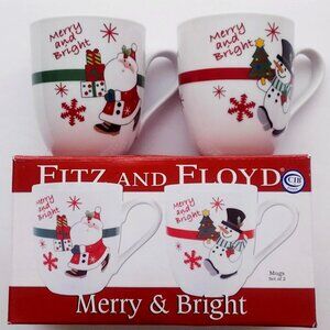 Fitz and Floyd Merry and Bright Santa and Snowman Mug Holiday Mugs Set of 2 NWOT